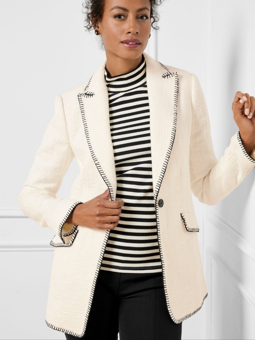 Talbots Contrast Stitch Classic Blazer Jacket Size 6 Petite Tweed Old Money